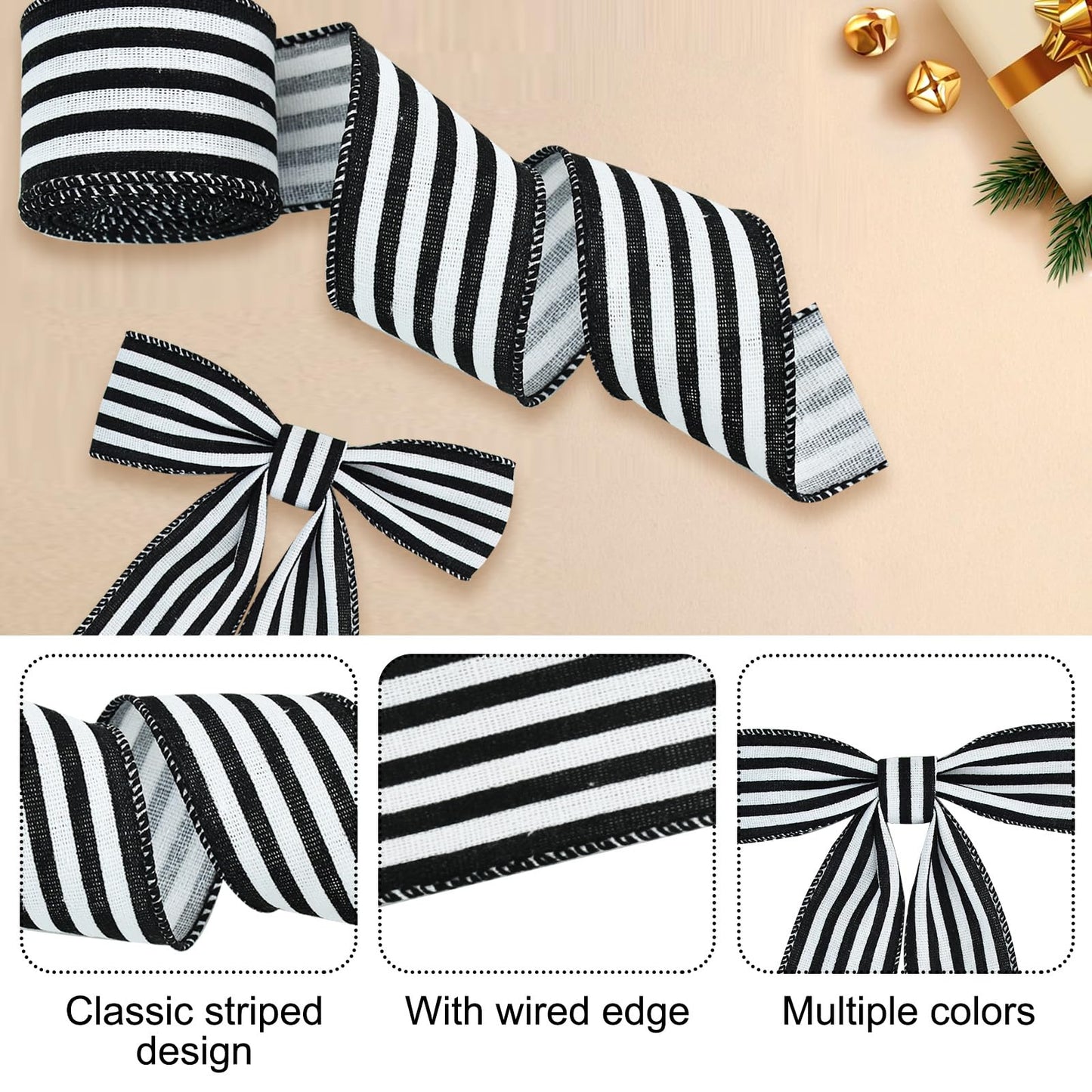 TONIFUL 2 Rolls-2 Inch Black Striped Wired Ribbon, Black and White Stripe Wired Ribbon for Gift Wrapping, Indoor, Bows Making, Wedding Birthday Party Decoration (6yds/roll)