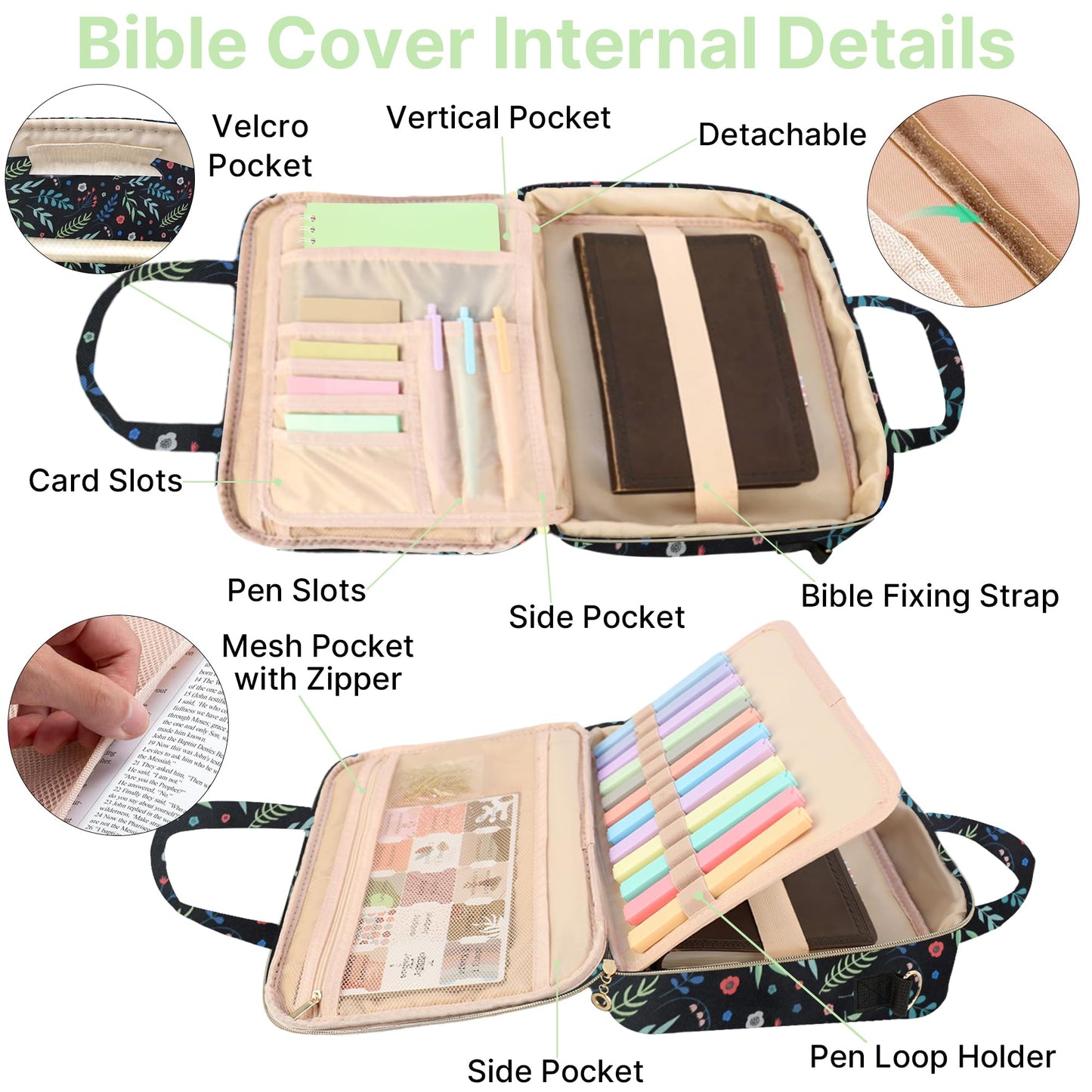 PUGPIU Bible Cover Case for Women, Large Quilted Bible Bag with Shoulder Strap and Handle, Bible Study Supplies Journaling Kit with Highlighters Pens No Bleed Tabs Notebook Cross Clips (Leaf)