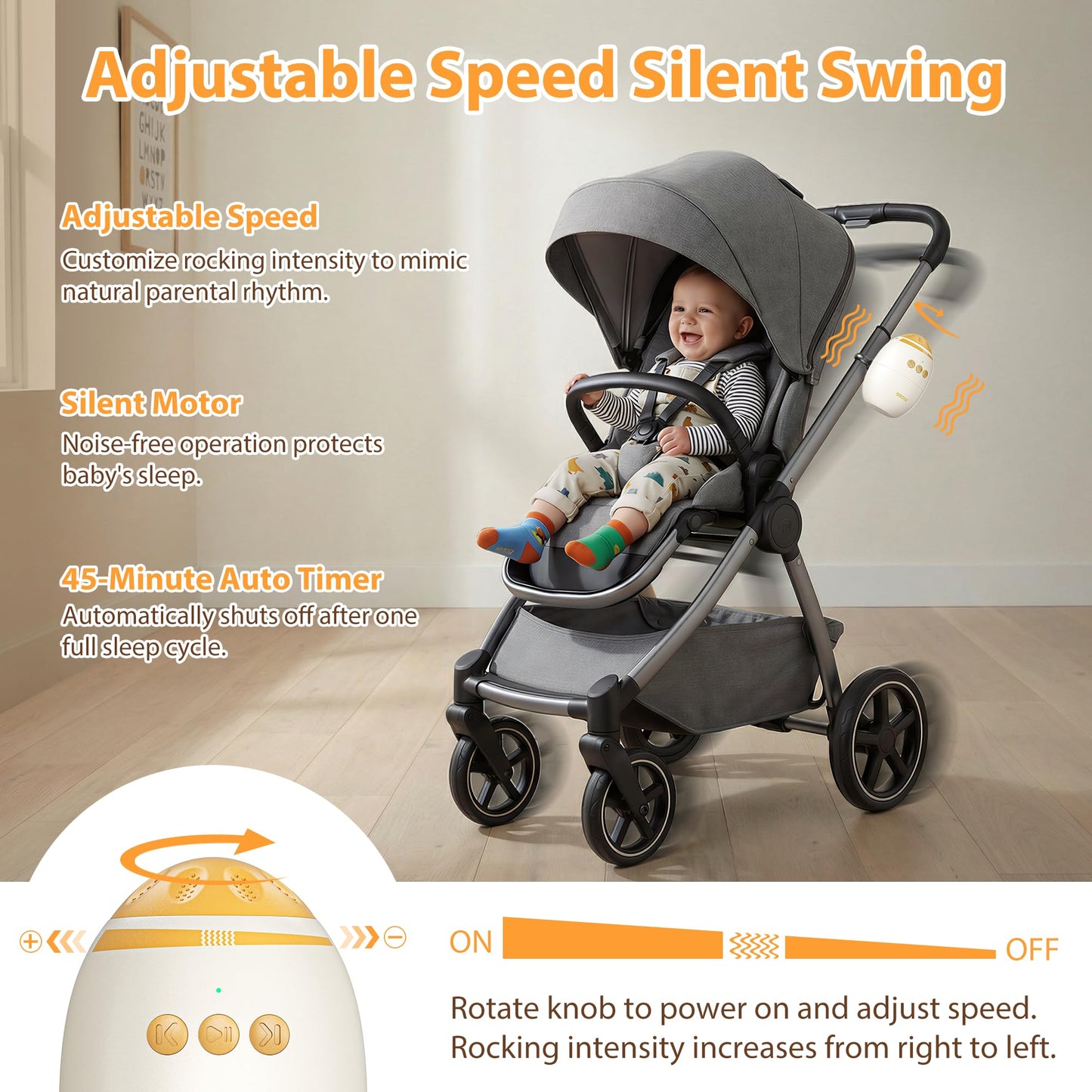Baby Stroller Rocker with Adjustable Vibration Speed and 11 Soothing White Noise, Hands-Free Rechargeable Sleep Soother Rocker, Portable Accessories for Strollers & Cribs, Essential Baby Gear