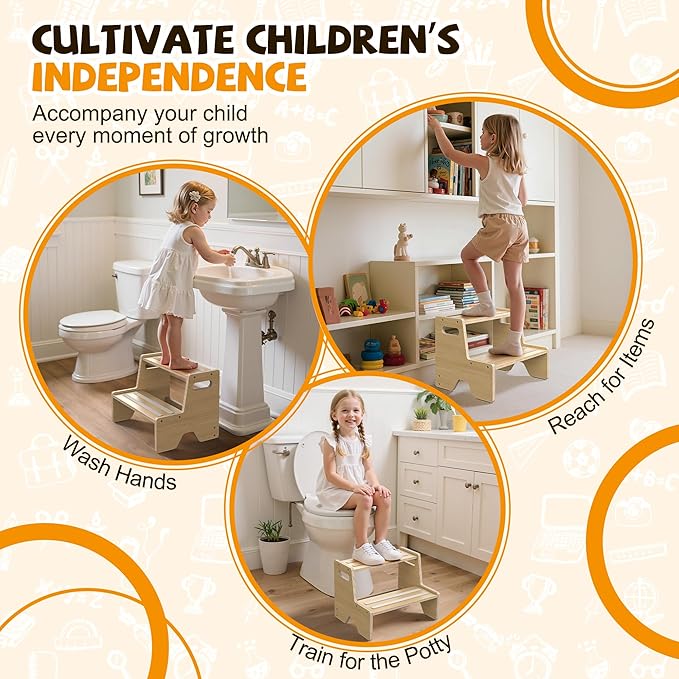 Step Stool for Toddler, Sturdy Wooden 2-Step Stool with Anti-Slip Surface and Pads for Barthroom, Kitchen, Bedroom, Toilet, and Potty Training - 1 Pack