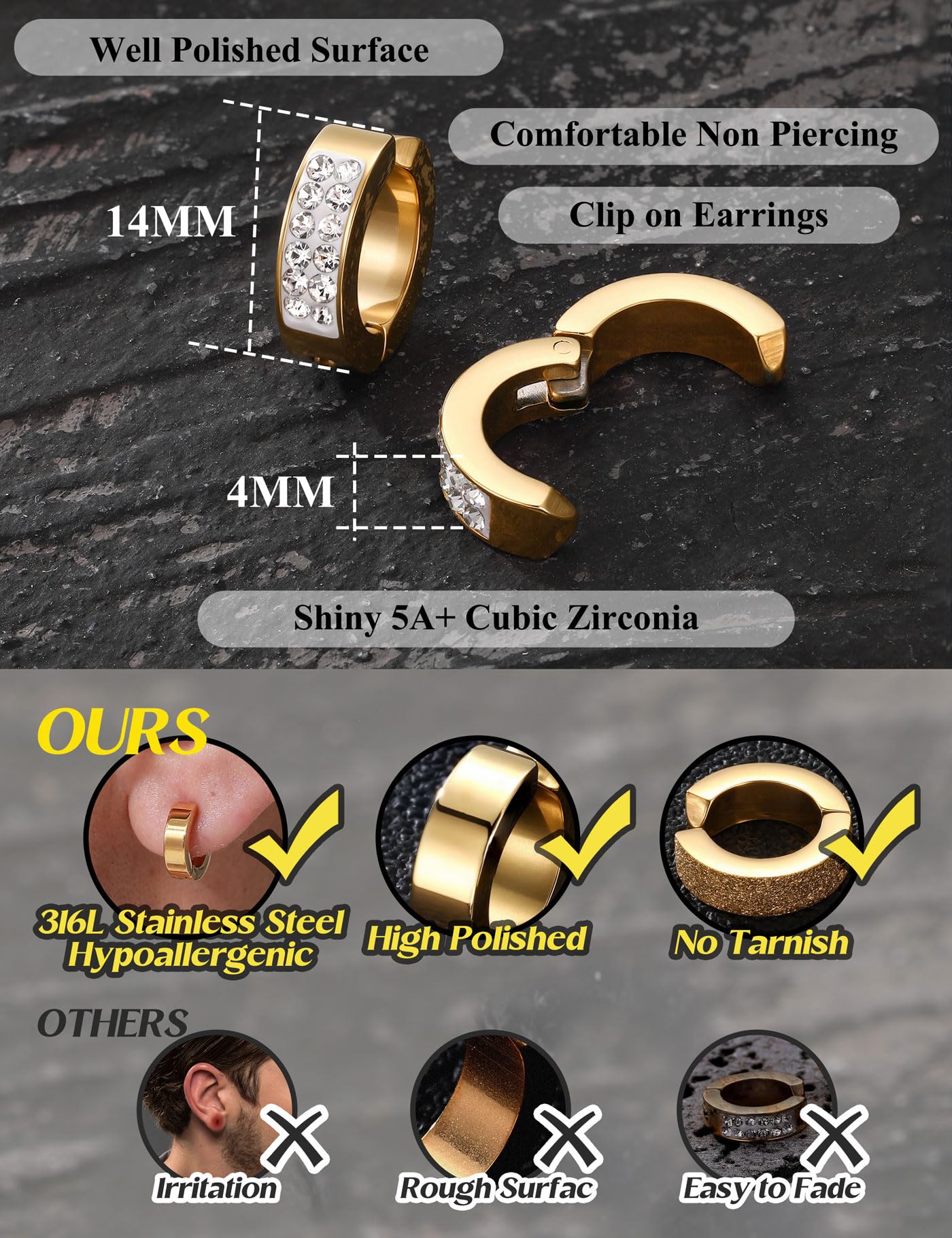 Jstyle 3 Pairs Stainless Steel Mens Womens Hoop Earrings Clip On CZ Non-Piercing G