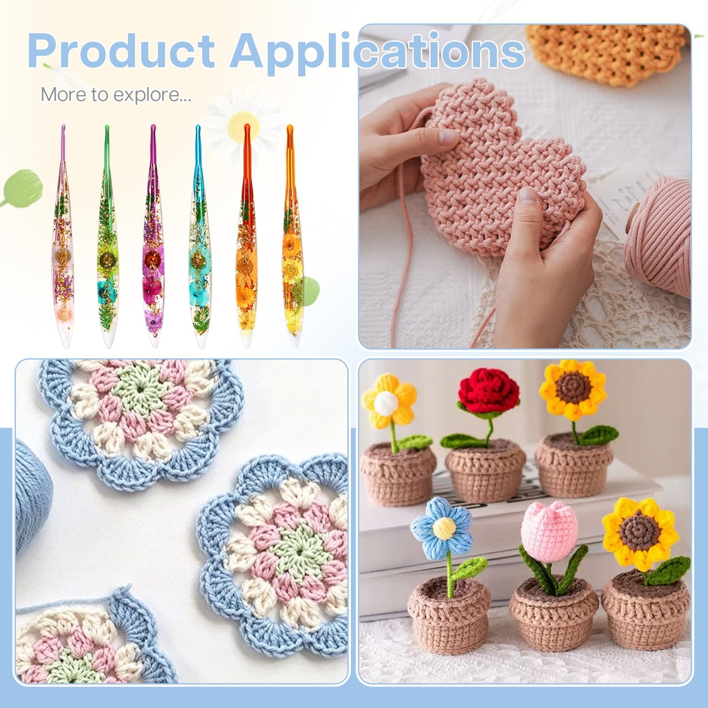 ZYNERY 6 Pcs Resin Crochet Hook Set, Ergonomic Crochet Hooks with Floral Plastic Grips, Size 3mm-6mm (3/4/4.5/5/5.5/6mm), Includes Stitch Markers & Needles for Blankets, Scarves, Hats