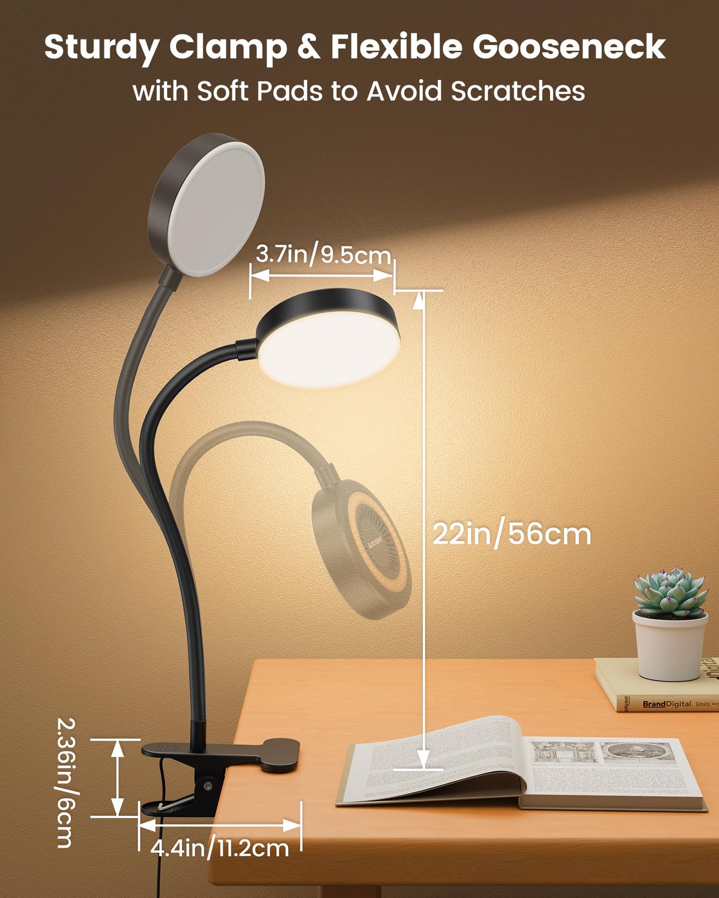 Glocusent 72 LED Clip on Lamp with Remote, Reading Light with Amber Ring, 3 Colors & 5 Dimmable Bed Lamp, 30/60-Min Auto Off Timer, Clamp Light for Headboard/Dorm/Bunk (Black)