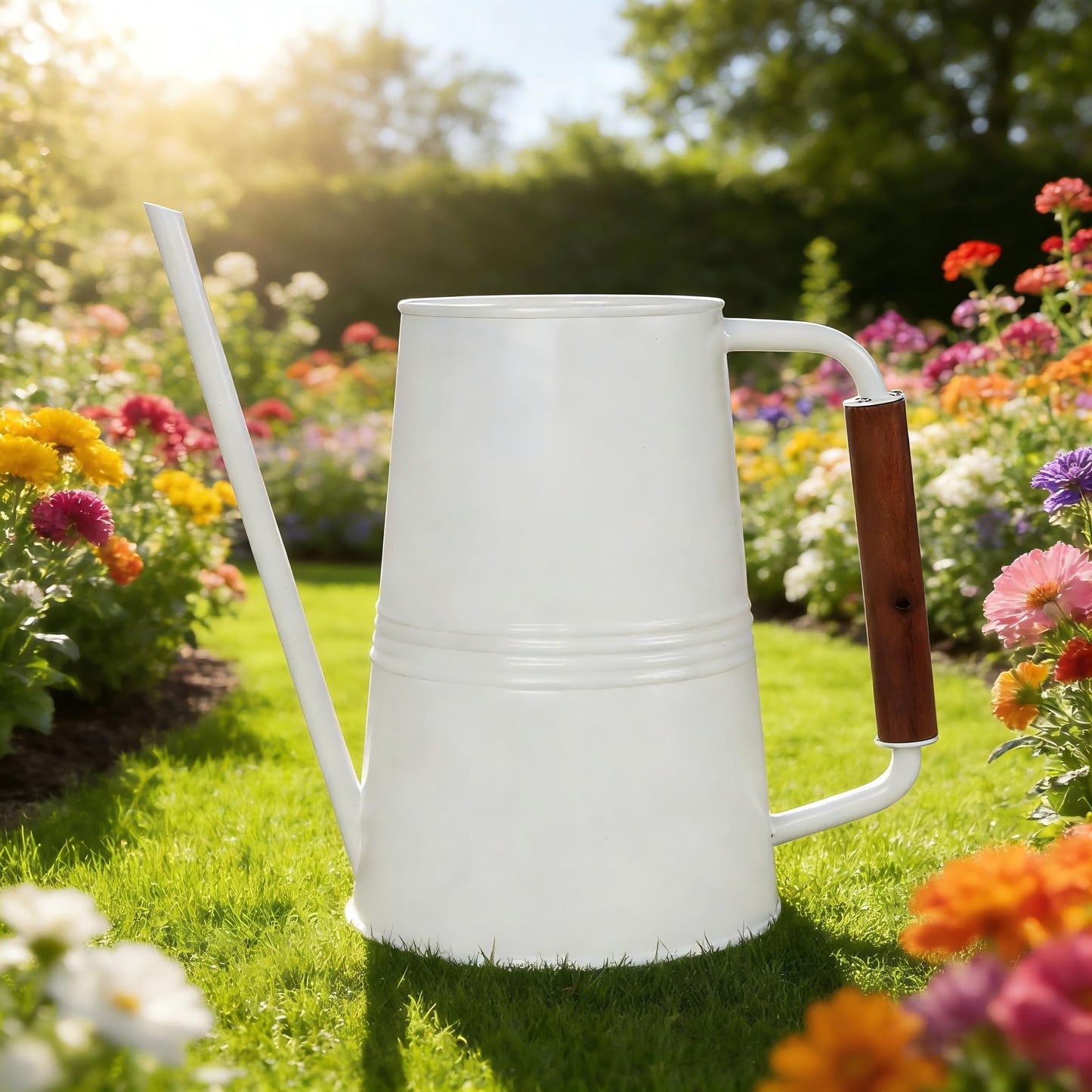 CLMSTE Metal Watering Can with Long Spout & Wooden Grip Handle,1 Gallon,White