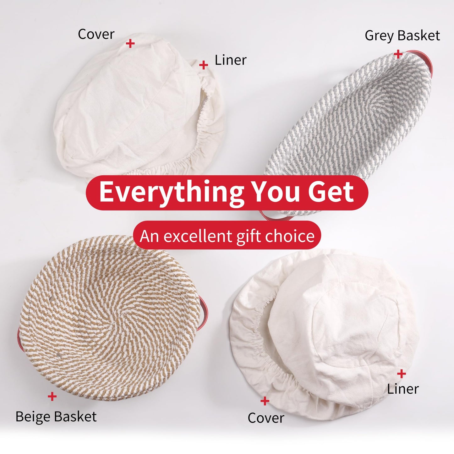 Banneton Bread Proofing Basket - Oval & Round Sourdough Bread Baskets Set - With Liner & Cloth Cover - For Bread Storage (Grey & Khaki Set) - Cotton Rope - Mother's Gifts