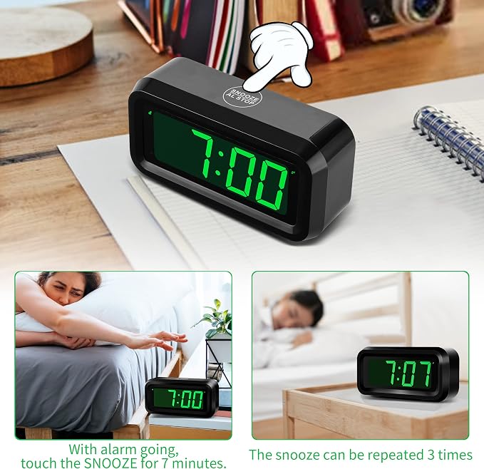KWANWA 1.2 Inch Small Digital Alarm Clock, Green LED Display with Adjustable Brightness & Night Mode, Battery Operated Portable Desk Clock, for Bedroom, Travel, Kids, Wall Mount (Snooze, 12/24H)