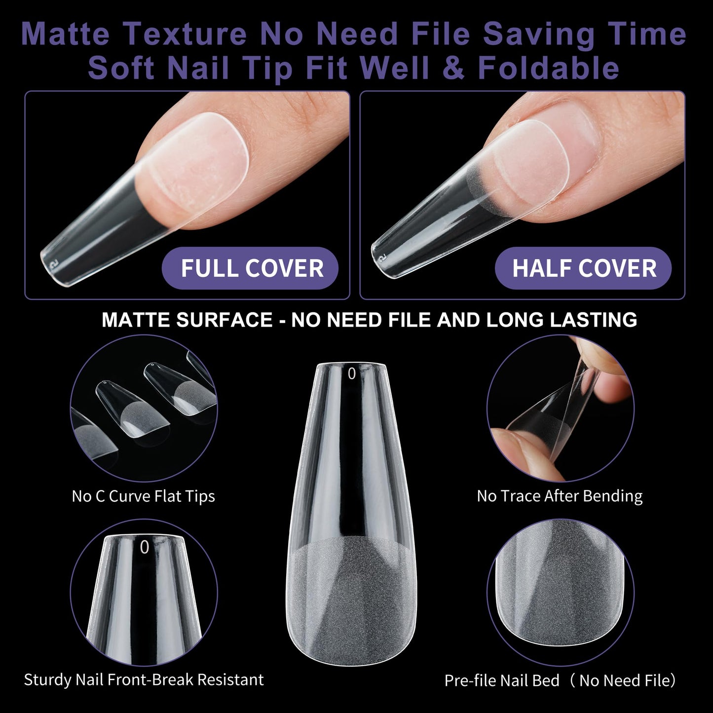 Half Matte Long Coffin Fake Nail Tips, Soft Gel Pre-Shaped Nail Tips, Full Cover False Nails with Clear Box for Nail Salons and DIY Nail Art, 600PCS/10 Sizes