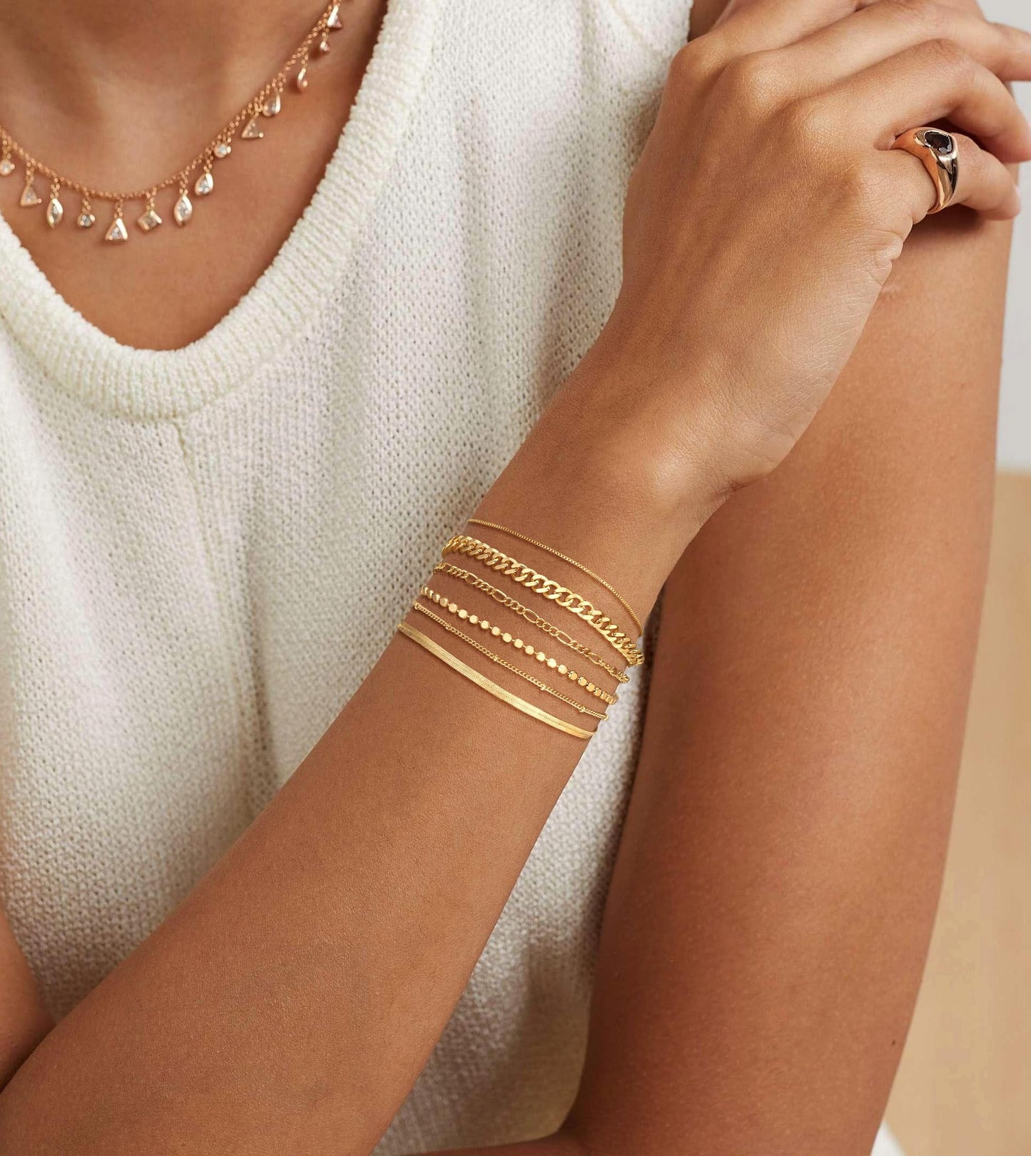 DEARMAY Dainty 14K Gold Plated Chain Bracelet Set for Womens Trendy Waterproof Gold Jewelry Fashion Stackable Box Cuban Figaro Herringbone Link Bracelets Pack Stack Gifts