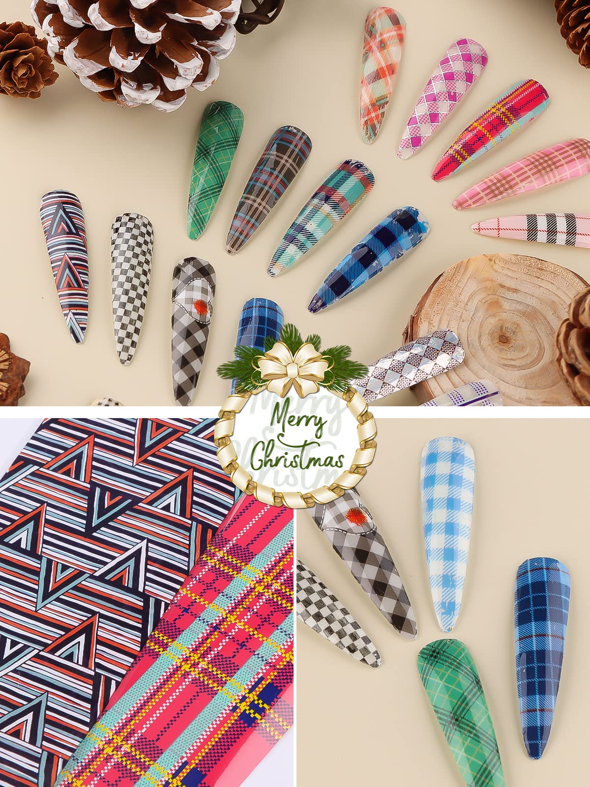 20 Sheets Buffalo Plaid Nail Foil Transfer Sticker, Kalolary Christmas Holographic Lines Foil Full Nail Wraps Decals for Winter DIY Nail Art