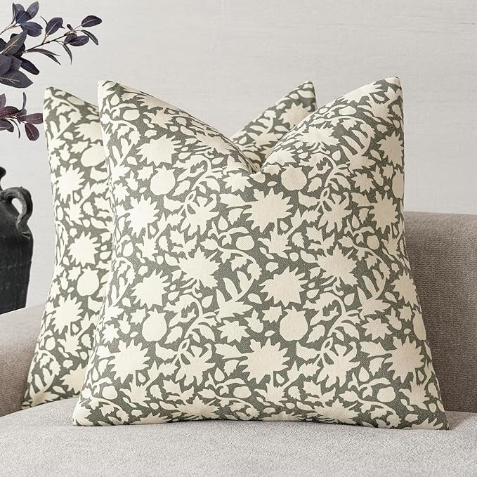 Foindtower Set of 2 Decorative Neutral Floral Throw Pillow Covers Accent Farmhouse Cushion Covers Boho Vintage Pillowcase for Couch Sofa Bedroom Living Room Home Decor,24×24 Inch,Sage Green