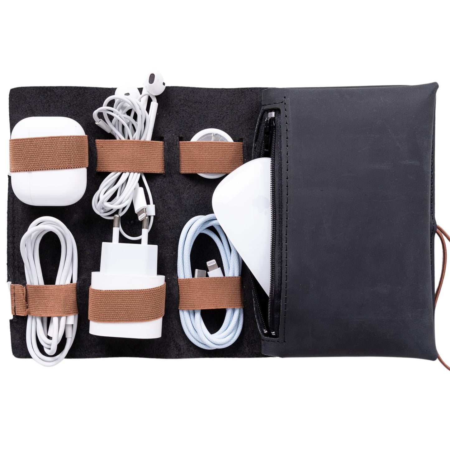 HARDISTON Genuine Leather Electronic Cable Organizer Bag Handmade Travel Cord Organizer Roll Case for Hard Drives, Cables, Charger, Phone, USB, SD Card (Medium - Black)