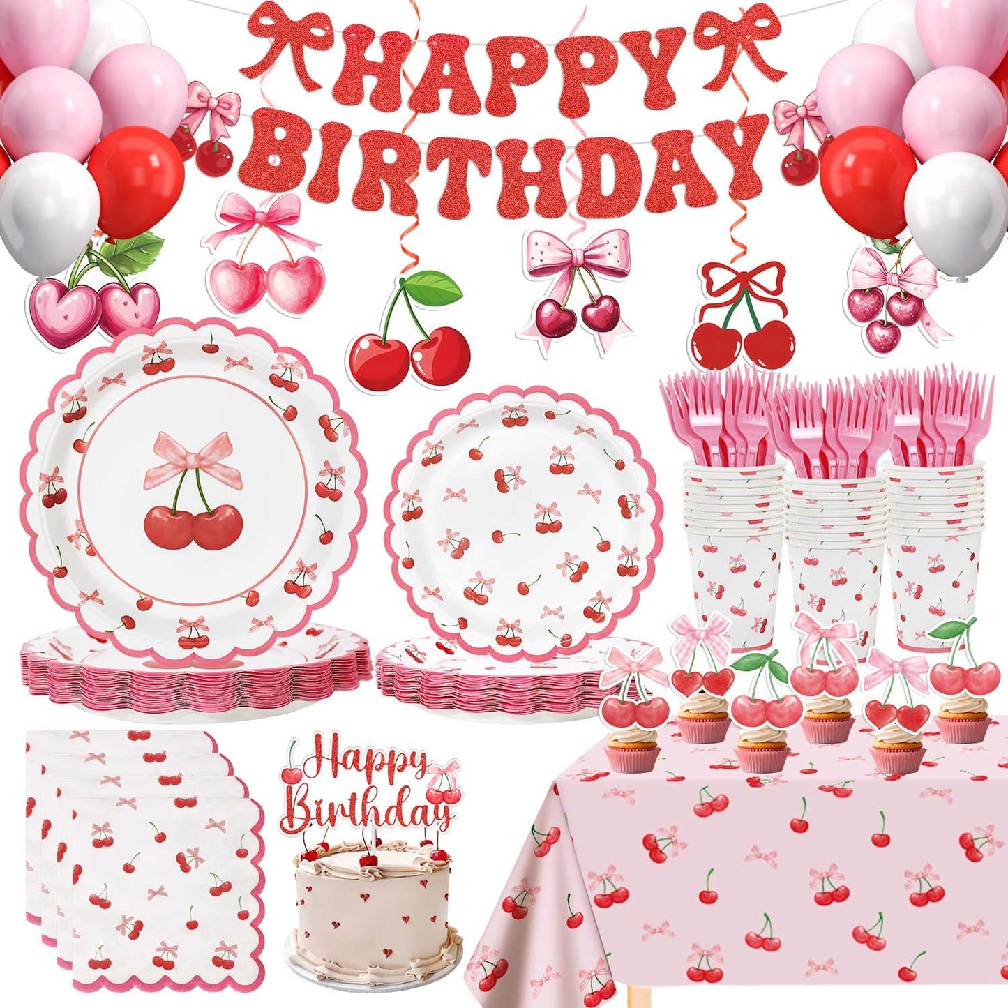 Cherry Birthday Decorations, 182Pcs Cherry Plates Napkins Cups Forks Tablecloth Banner Hanging Swirls Cupcake Toppers and Ballons for Cherries Themed Party Decorations
