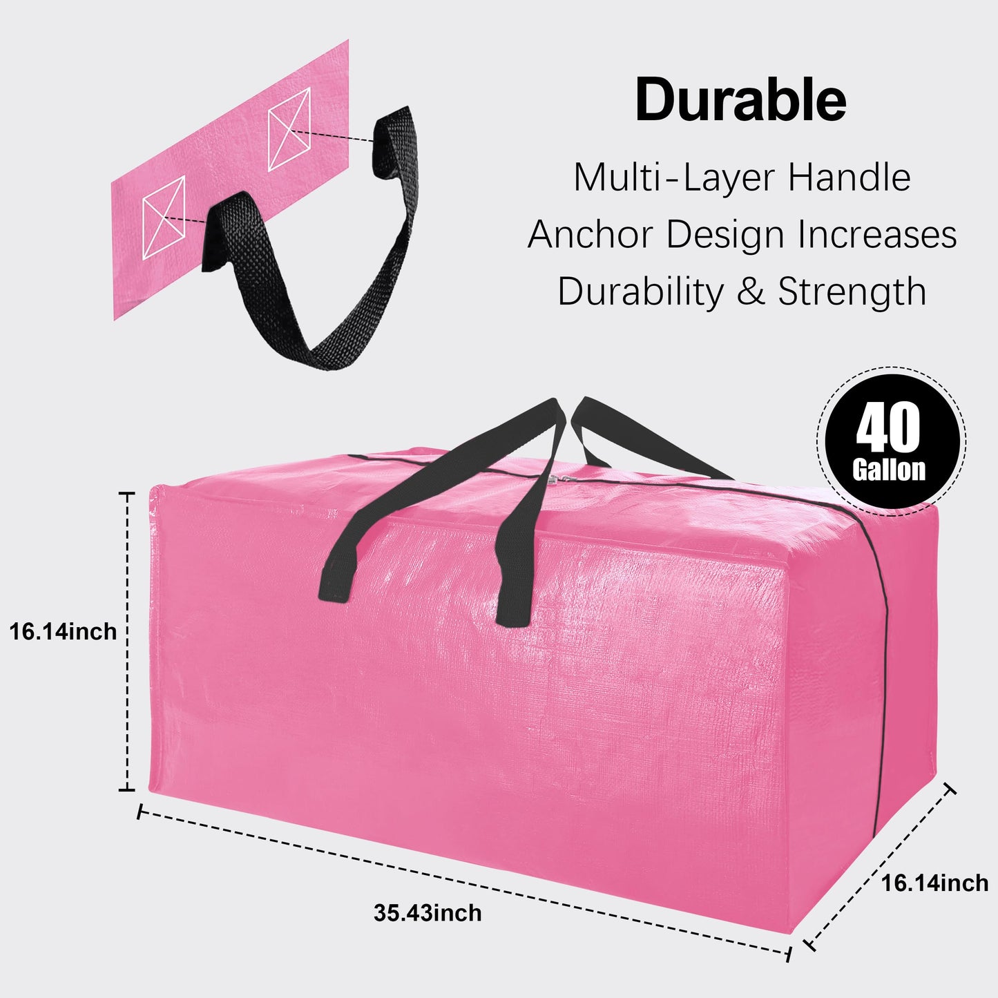 6 Pack Heavy Duty Extra Large Moving Bags W/Backpack Straps - Strong Handles & Zippers, Storage Totes For Space Saving, Fold Flat, Alternative to Box and Bin (40 gal, Pink)