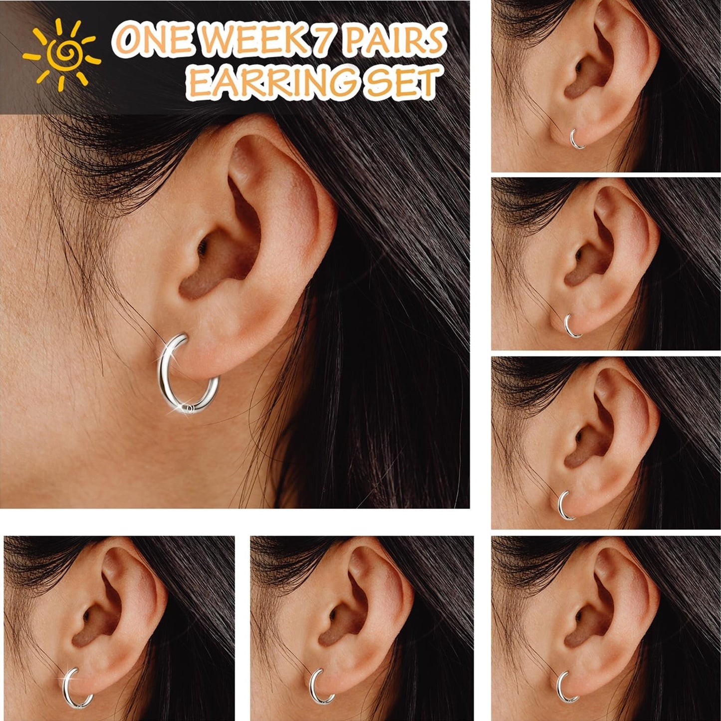 JICHENGEM 7Pairs Hypoallergenic Silver Gold Black Stud Earrings Set, Titanium Stainless Steel, 2-8mm CZ Cartilage Stud Earrings Jewelry for Women Men