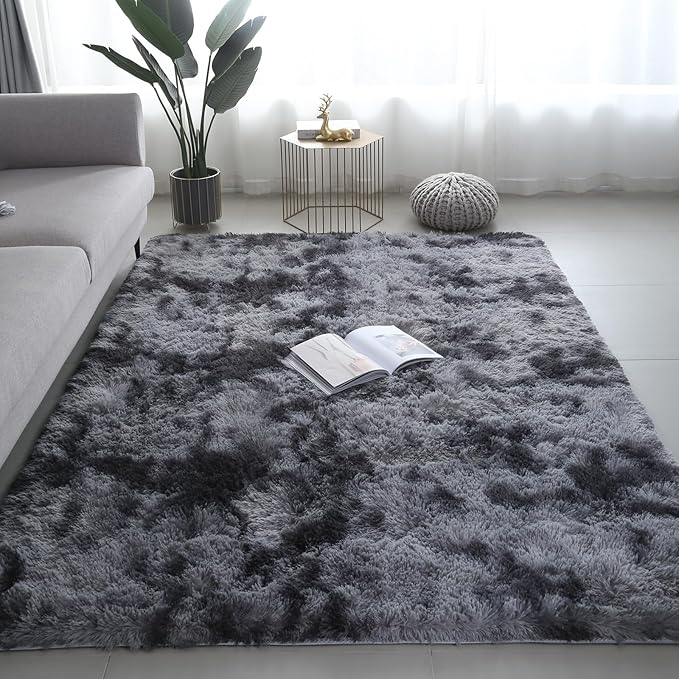 Shag Area Rugs for Bedroom Living Room,4X6 Ultra Soft Fluffy Area Rugs for Dorm, Indoor Carpet Nursery Rugs for Kids Room Home Decor, Black Grey