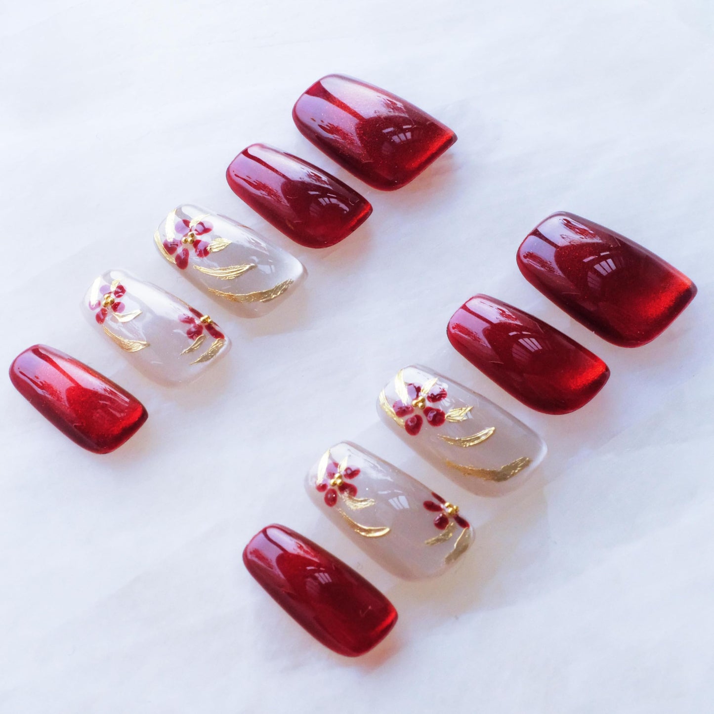 GLORS Press on Nails, Red Plum Embroidery Cat Eye False Nails with Gold Floral Design, medium ballerina Shape, 10 Pieces (Small, MB)
