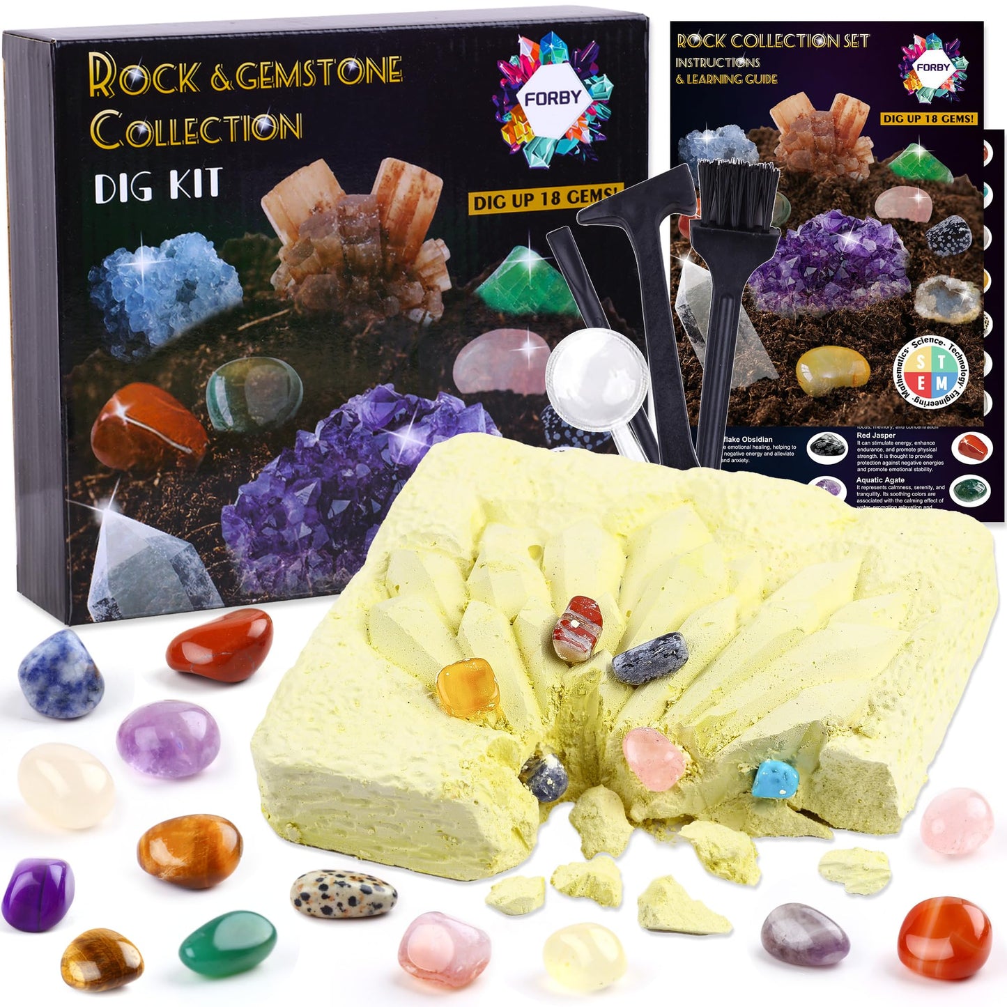 FORBY 18PCS Natural Crystal Dig kit Dig Up Real Tumbled Polished Crystal Geode Cave Gemstones and Crystals Set, Gift Set for Women and Men Decoration