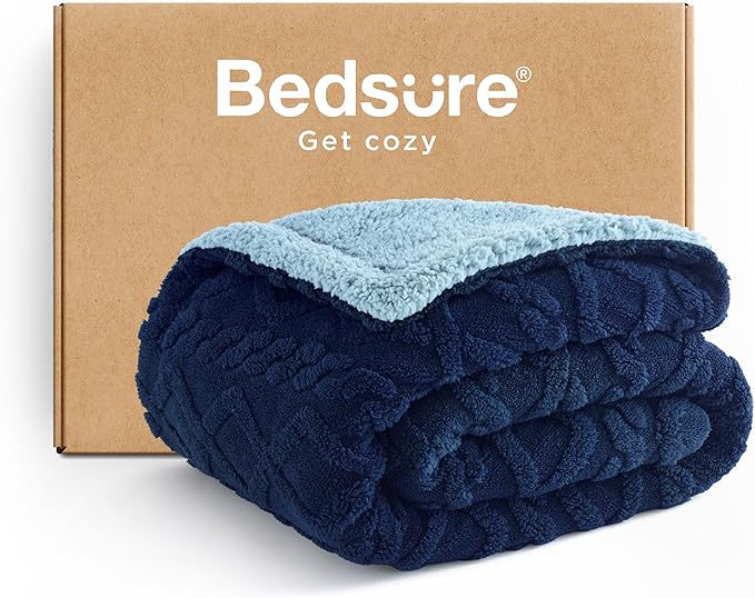 Bedsure Sherpa Fleece Blanket Twin Size for Bed - GentleSoft Fluffy & Cozy Cable Jacquard Tufted for Women Gift, Thick and Warm Blankets for Winter, Navy, 60x80 Inches