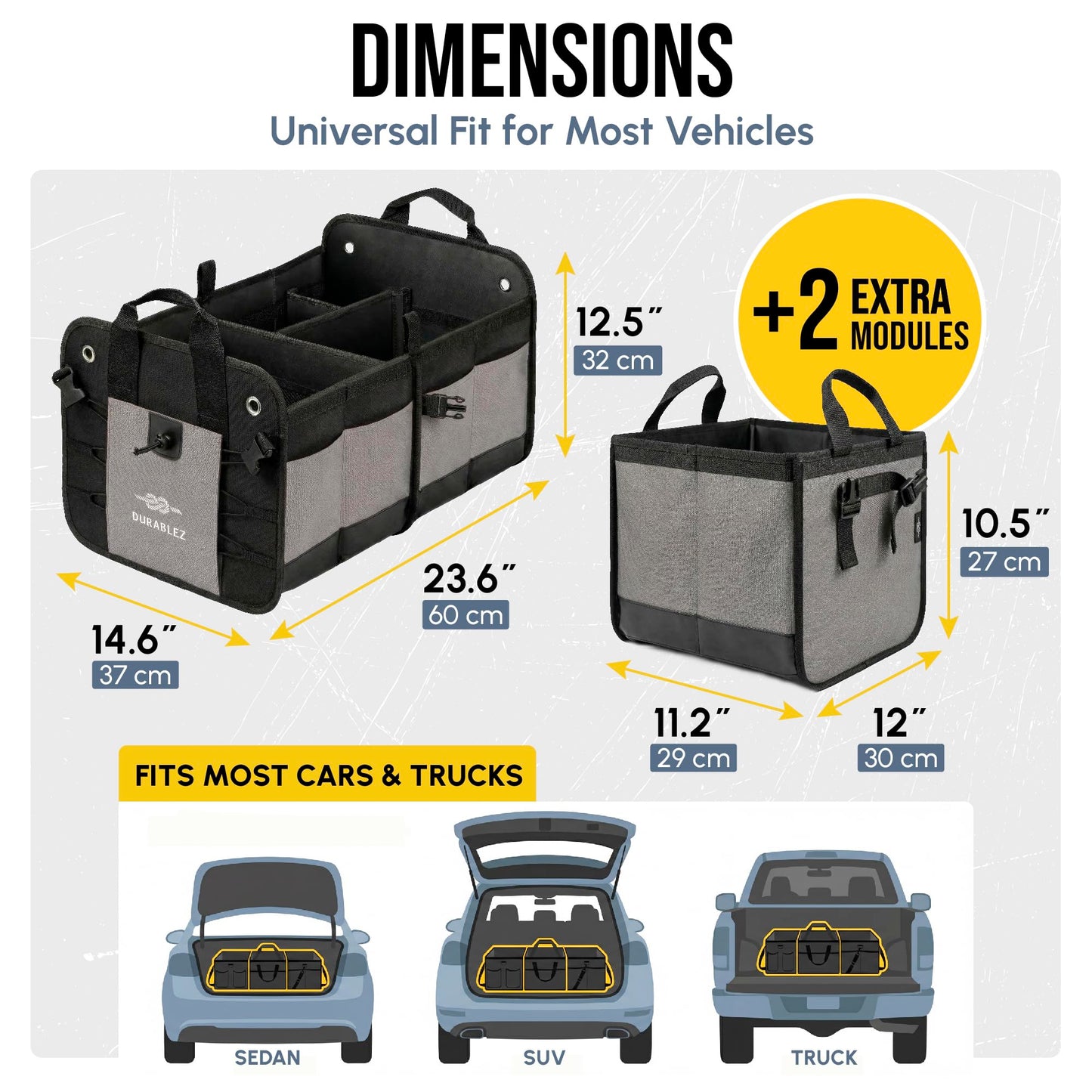 DURABLEZ Modular 4-Section XL Trunk Organizer – Car Storage for Groceries, Tools, Sports Gear, Emergency Kits – Extra Large Multi-Compartment Cargo Box, Collapsible & Heavy Duty – Gray