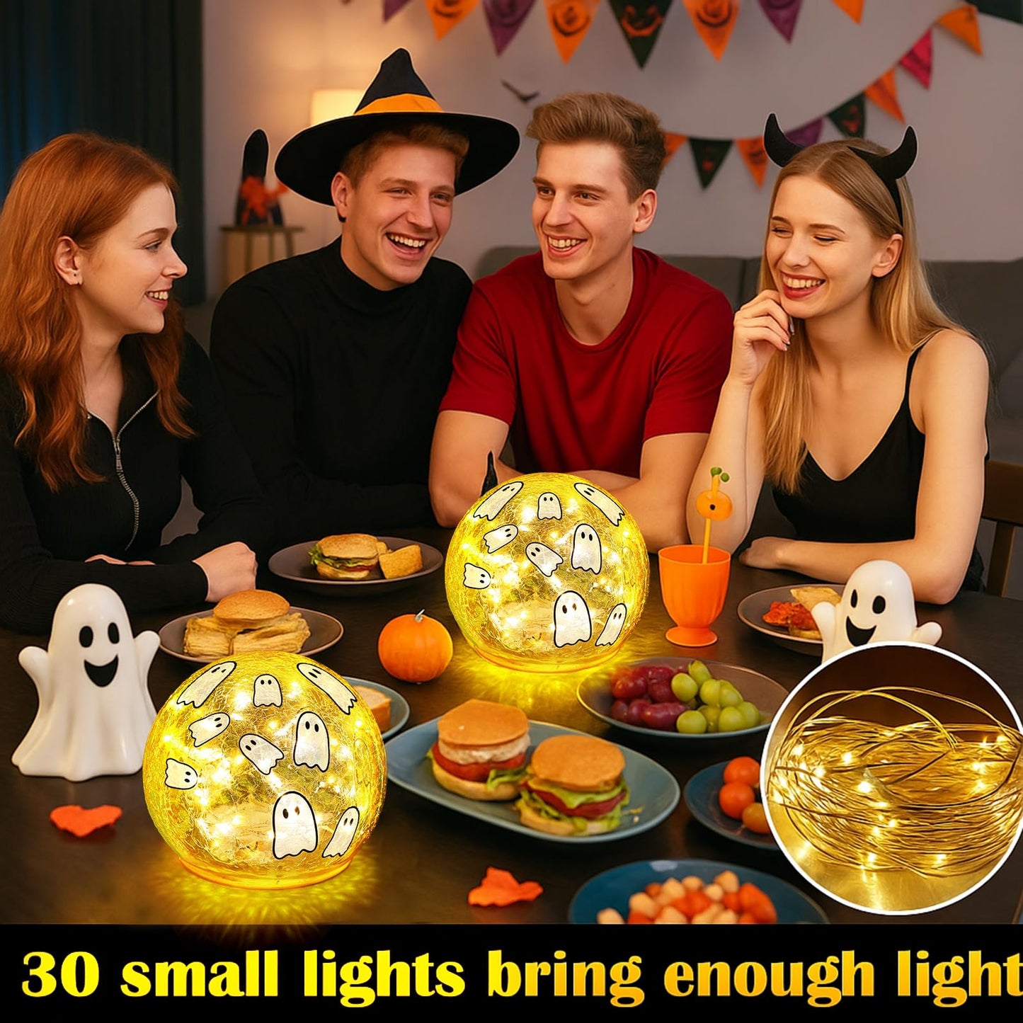 Tujoe 2 Pcs Halloween Decorations Indoor 4" Ghost Crackle Glass Globe Ball Lamp Night Lights with LED Timer Battery Operated Lighted Decorative Tabletop Decor for Table Home Centerpiece Party Gift