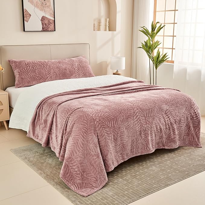 SOCHOW Super Soft Flannel Fleece Throw Blanket, Lightweight Cozy Warm Leaves Textured Plush Blanket for Bed Couch Sofa, 60 x 80 Inches, Dusty Rose