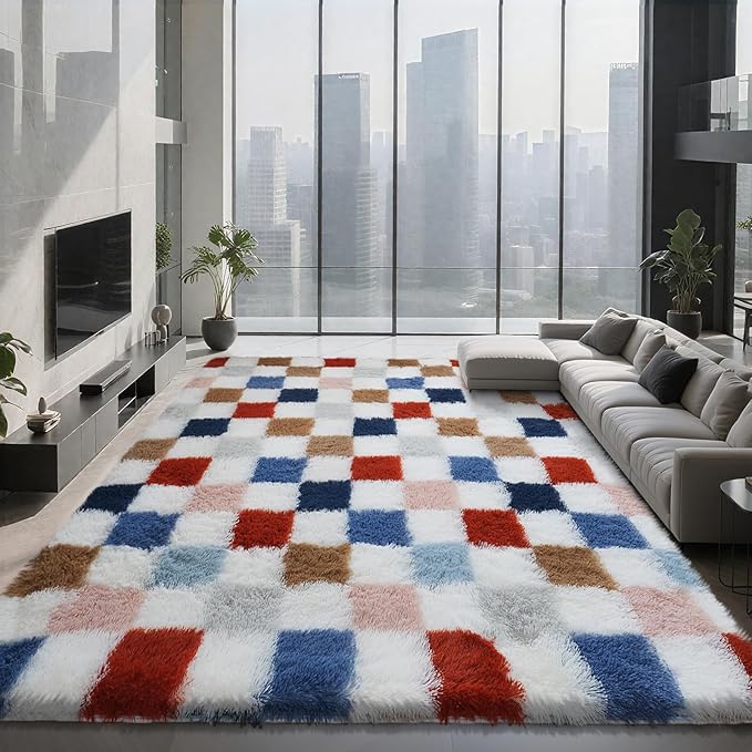 Shag Area Rug for Bedroom Living Room,5x8 Fluffy Soft Colorful Checkered Rug Fuzzy Shaggy Bedroom Carpet,Indoor Plush Floor Rugs for Kids Boys Girls Teen Dorm Nursery Home Decor