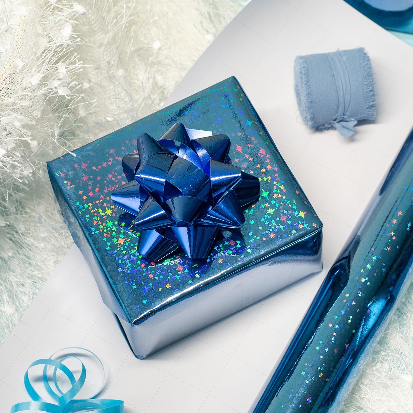 Flyhill Blue Holographic Wrapping Paper Roll, Metallic Holographic Shinning Galaxy Star Gift Wrap for Father‘s Day,Wedding,Birthday - Mini Roll 17inch*32.8ft