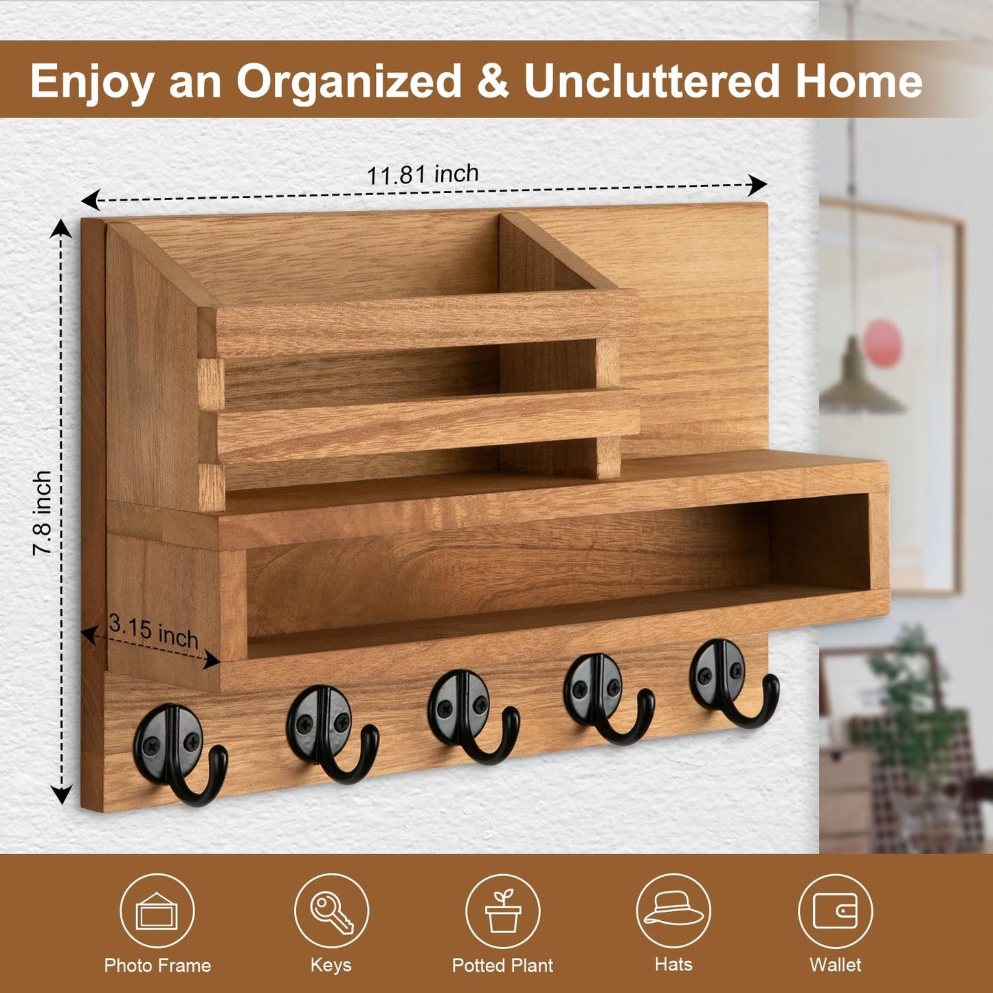 Lucundm Key and Mail Holder Wall Mount, Key Hanger with Long Storage Box and Key Hooks for Coat, Dog Leash, Home Decor Rack, House Accessories, Entry Way Organizer