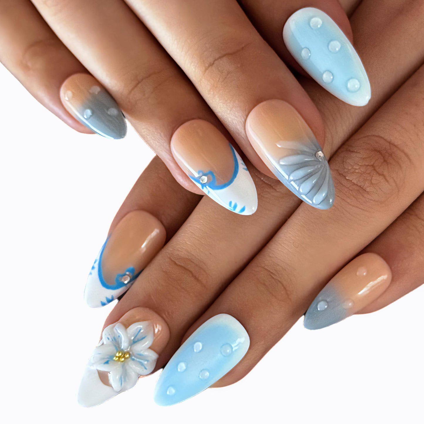 Handmade Press-On Nails for Women - Medium Almond Fake Nails | Luxury Gradient Blue 3D Floral Design | Reusable Salon-Quality Glossy Acrylic False Nails.（M Size)