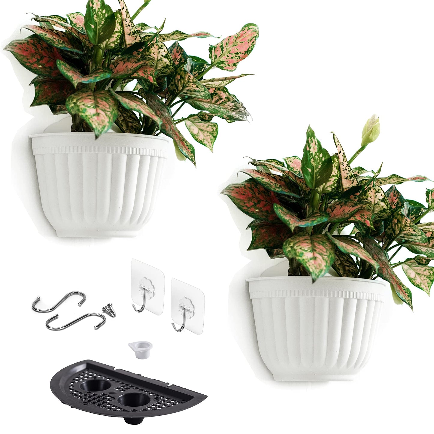 2 Pack White Plastic Wall Hanging Planters for Indoor Plants Wall Hanging Plant Holder with Drainage Hole Balcony Planters Railing Hanging Pot Fence Vertical Living Wall Mount Decor with Hooks