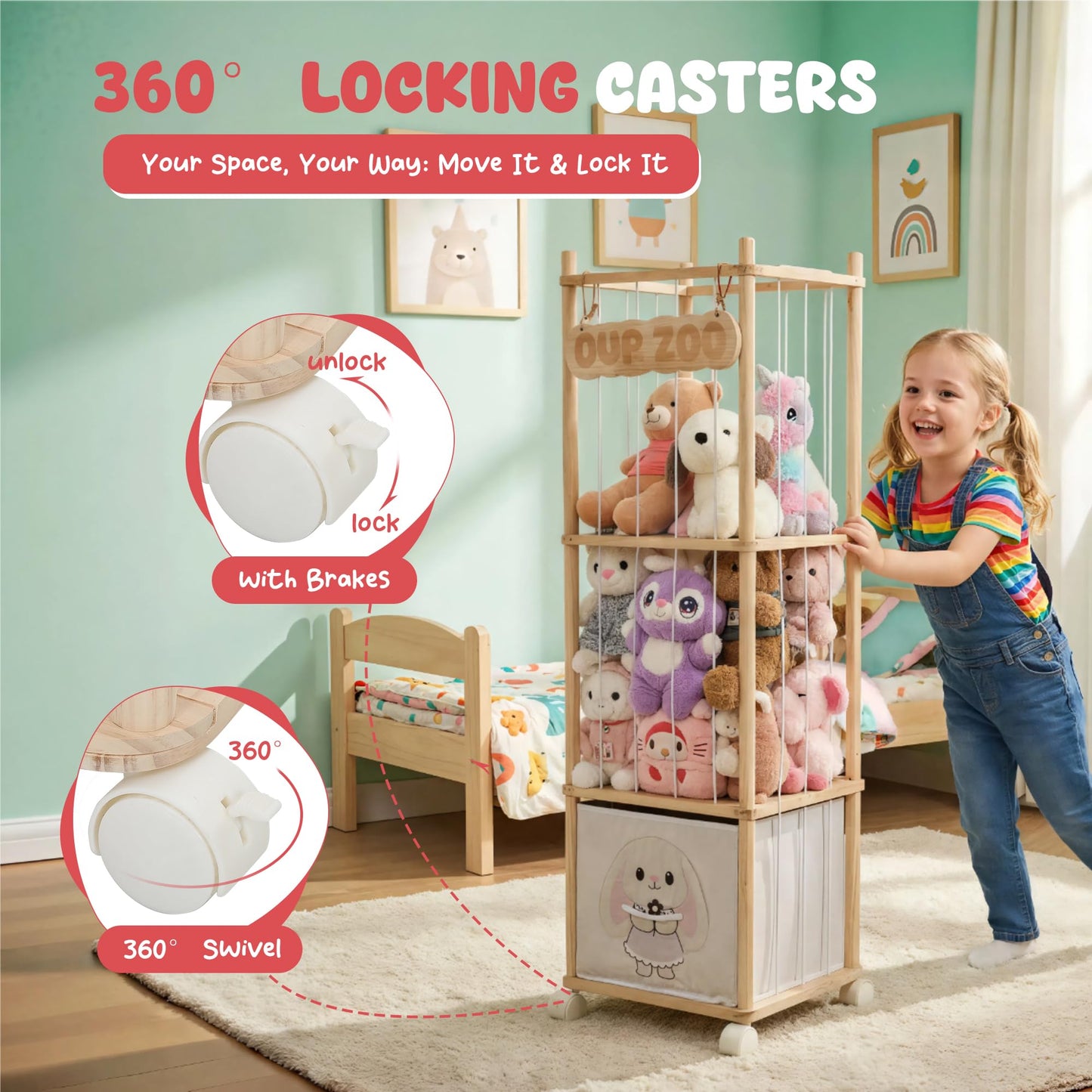 JoyPcsTable Stuffed Animal Storage with Removable Fabric Bins & Locking Wheels, 2-in-1 Wooden Toy Organizer and Display Shelf - Space-Saving for Playroom, Bedroom, Nursery