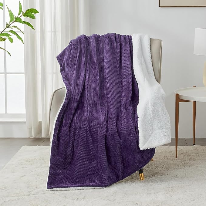 SOCHOW Waffle Sherpa Fleece Throw Blanket, Super Soft Fuzzy Warm, Lightweight Fluffy Reversible Plush Blanket for Bed Sofa Couch, 50 x 60 Inches Dark Purple