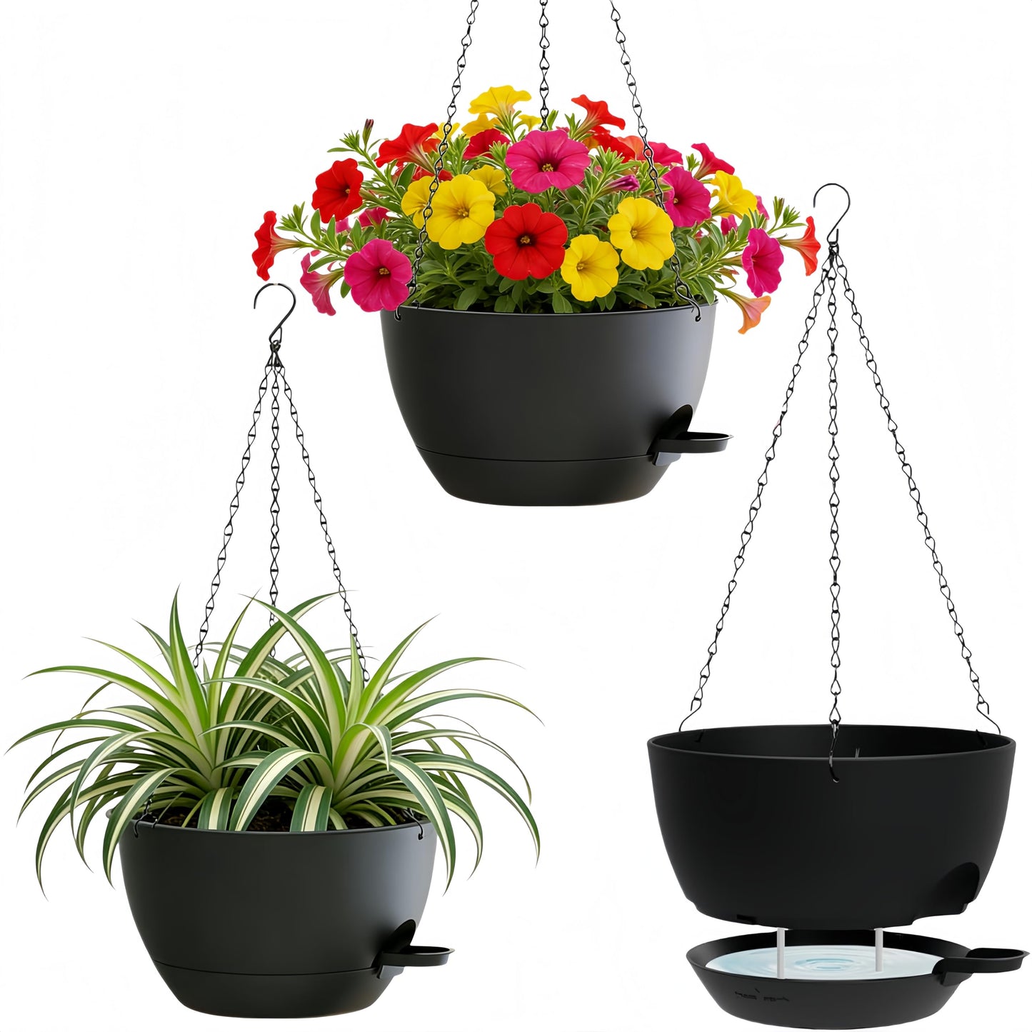 TESSTSY 3 Pack Hanging Planters for Indoor Outdoor Plants, 10 Inch Self Watering Hanging Pots for Plants, Plastic Hanging Flower Baskets for Plants Hanger with Drainage and Tray, Chain (Black)