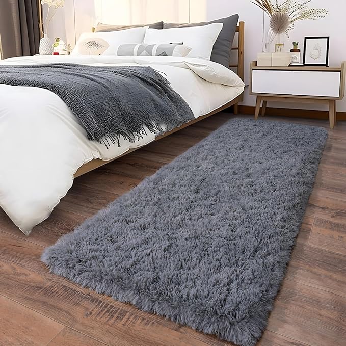 Ultra Soft Runner Rugs for Bedroom Hallways with Upgraded Non-Slip Rubber Backing & Thick Memory Sponge, 2 Packs 2x6 Feet Fluffy Shag Throw Area Rug for Bedside Dorm Dark Grey