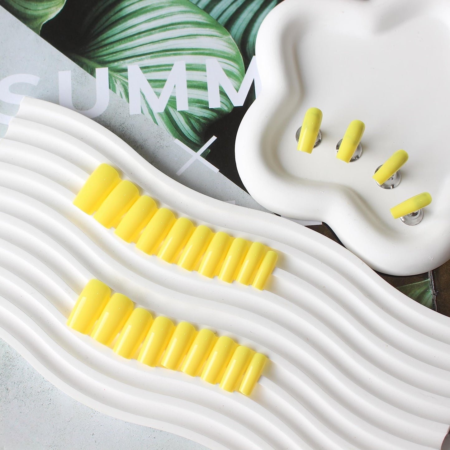 Yellow Press On Nails Medium Long Square, Xcreando Medium Coffin Nails Acrylic Nails Press ons Glue on Nails Medium Length, Solid Color Fake Nails for Women, Natural Thick Artificial Nails Stick on