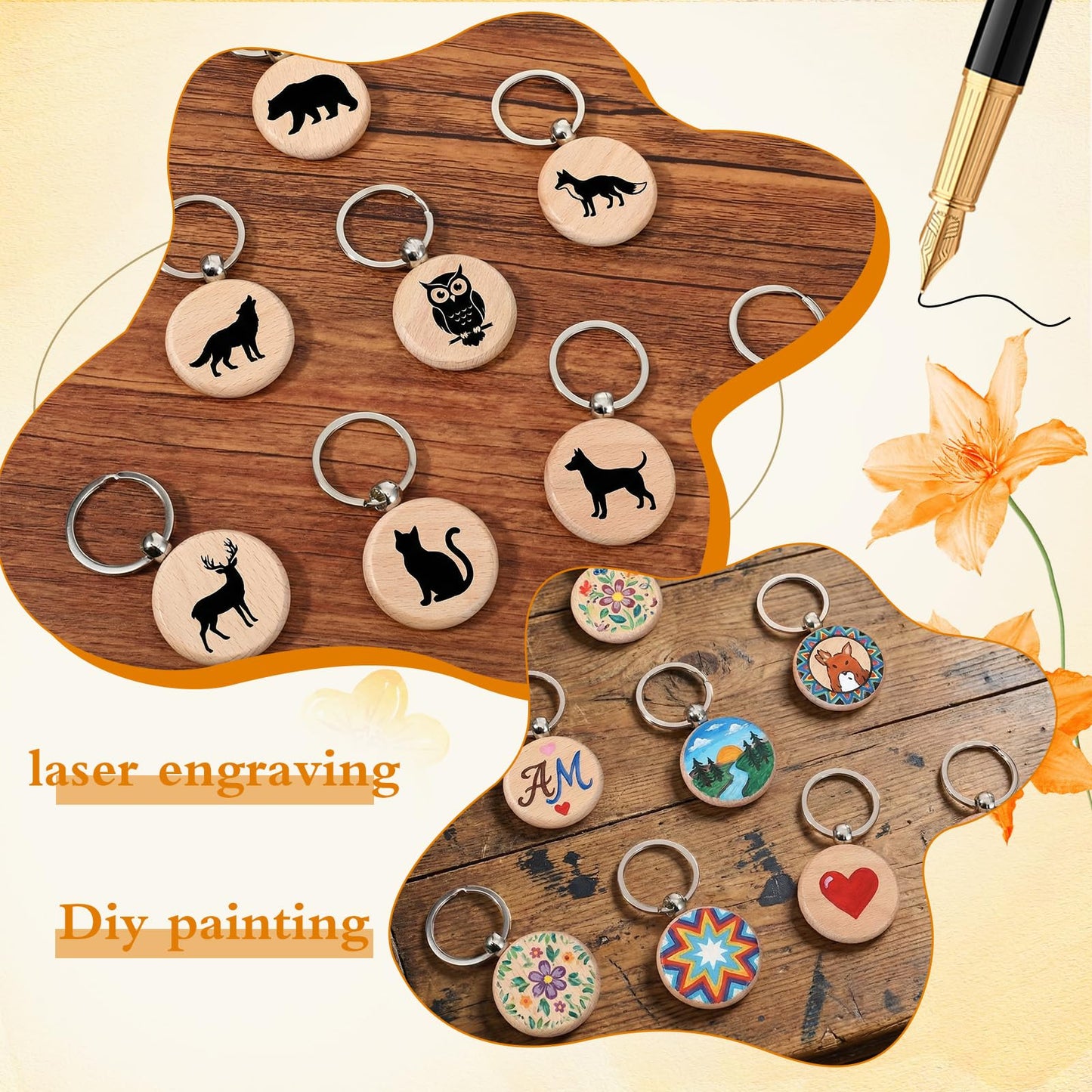 MAQUITA 100 PCS Wooden Keychain Blanks for Engraving, Wood Engraving Blanks Key Chain, DIY Wooden Key Ring Keys Tag