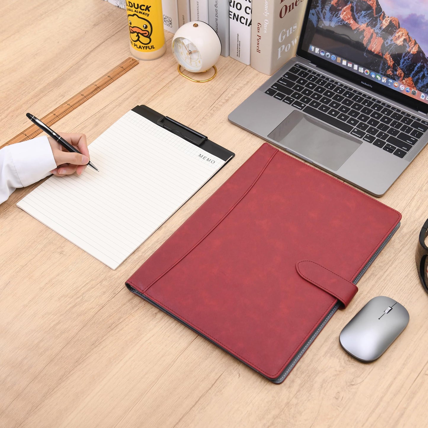 Wason Portfolio Padfolio A4 Leather PU Folder File Document Holder Case with Writing Pad Removable Clipboard Card Stationary Case Phone Tablet Stand for Organizer Office Travel School (Red Wine)