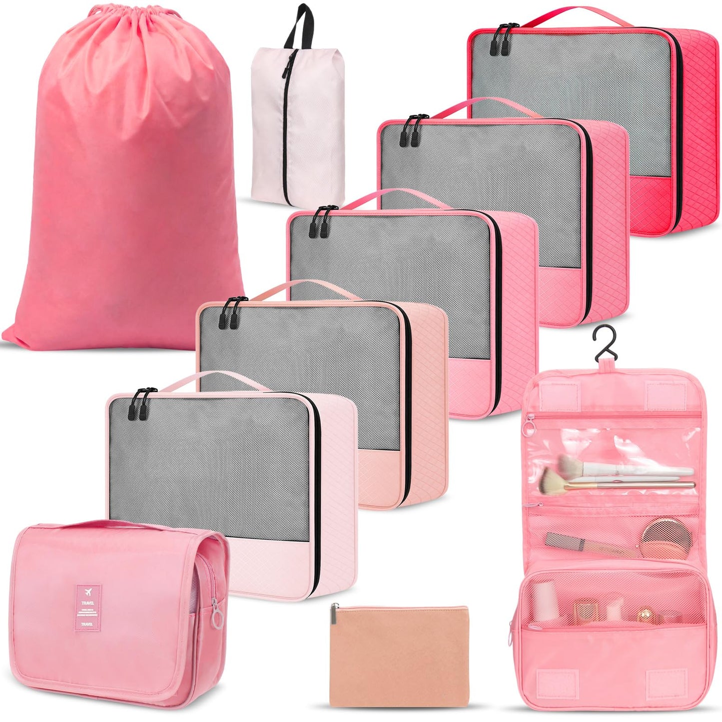 Bulyoou 9 Pcs Packing Cubes Set for Travel with Waterproof Clothing Cubes Toiletry Shoe Laundry Jewelry Bag for Women Men(Light Pink)
