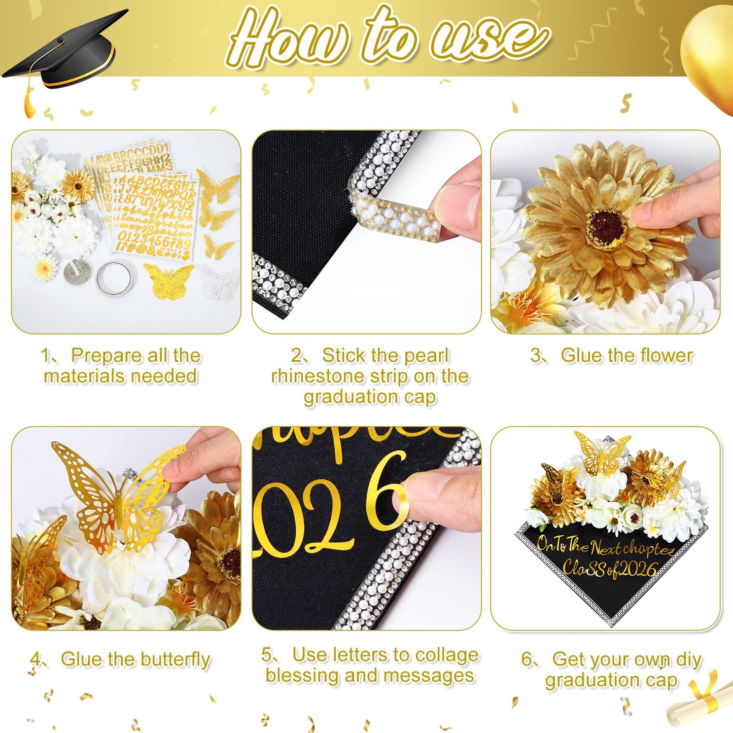 Wavwavw 53 Pcs DIY Graduation Cap Decorations Kit, 2026 Grad Cap Topper Include Faux Flowers 3D Butterfly Self Adhesive Pearl Stickers Glitter Alphabet Letter Decals for Party Decor(White)