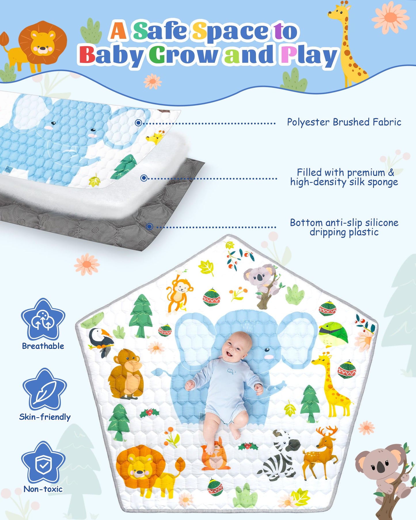 Funsland Playpen Mat Compatible with Funsland Baby Playpen Pop-up Tent - Soft Non Slip Pentagonal Play Mat