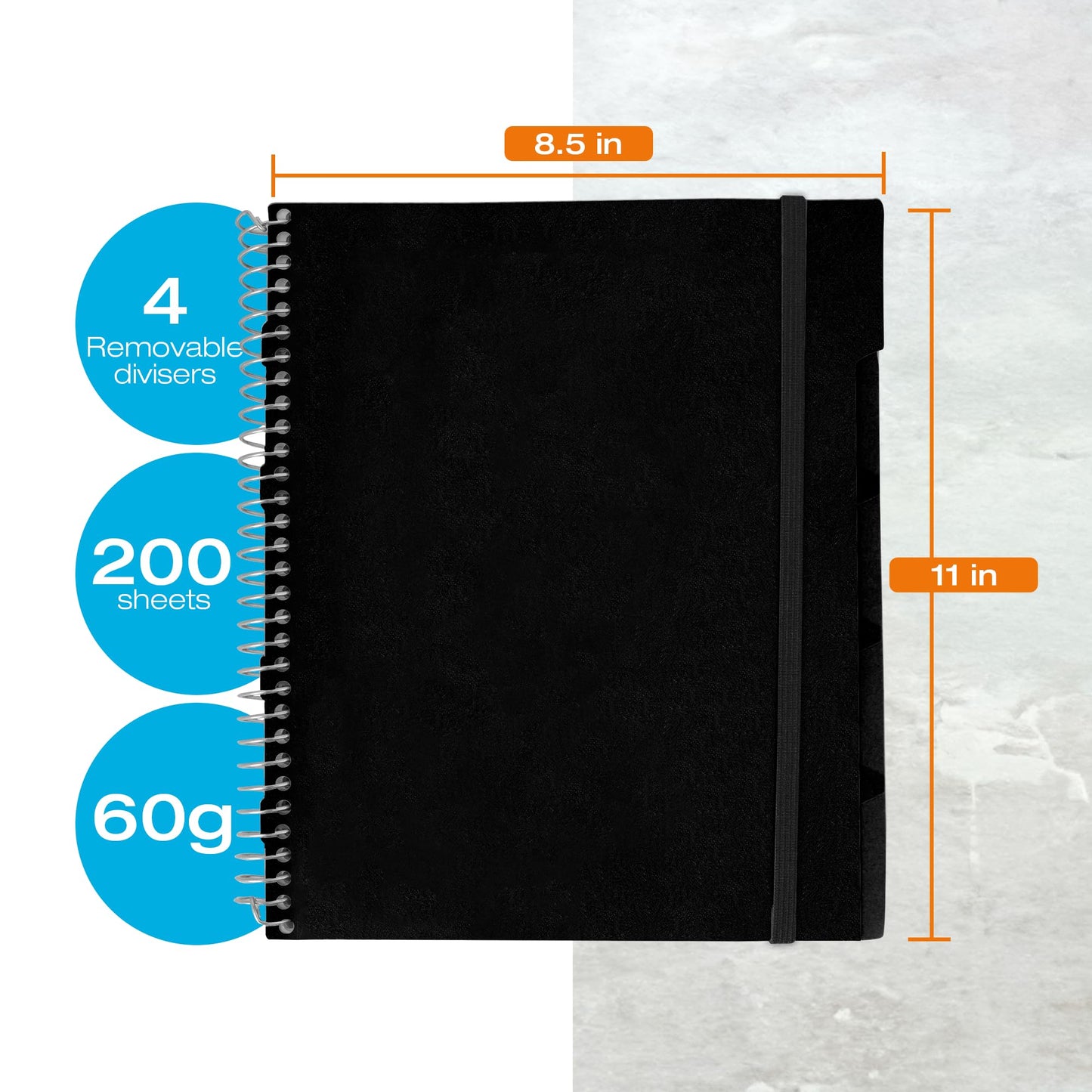 Confetti Spiral Notebook - Hole Punched - 4 Removable Dividers, Spill Proof Cover, Closing Elastic Band, Storage Pocket - Sturdy Bound Notepad, School & Office Supplies - 200 Sheets - Black