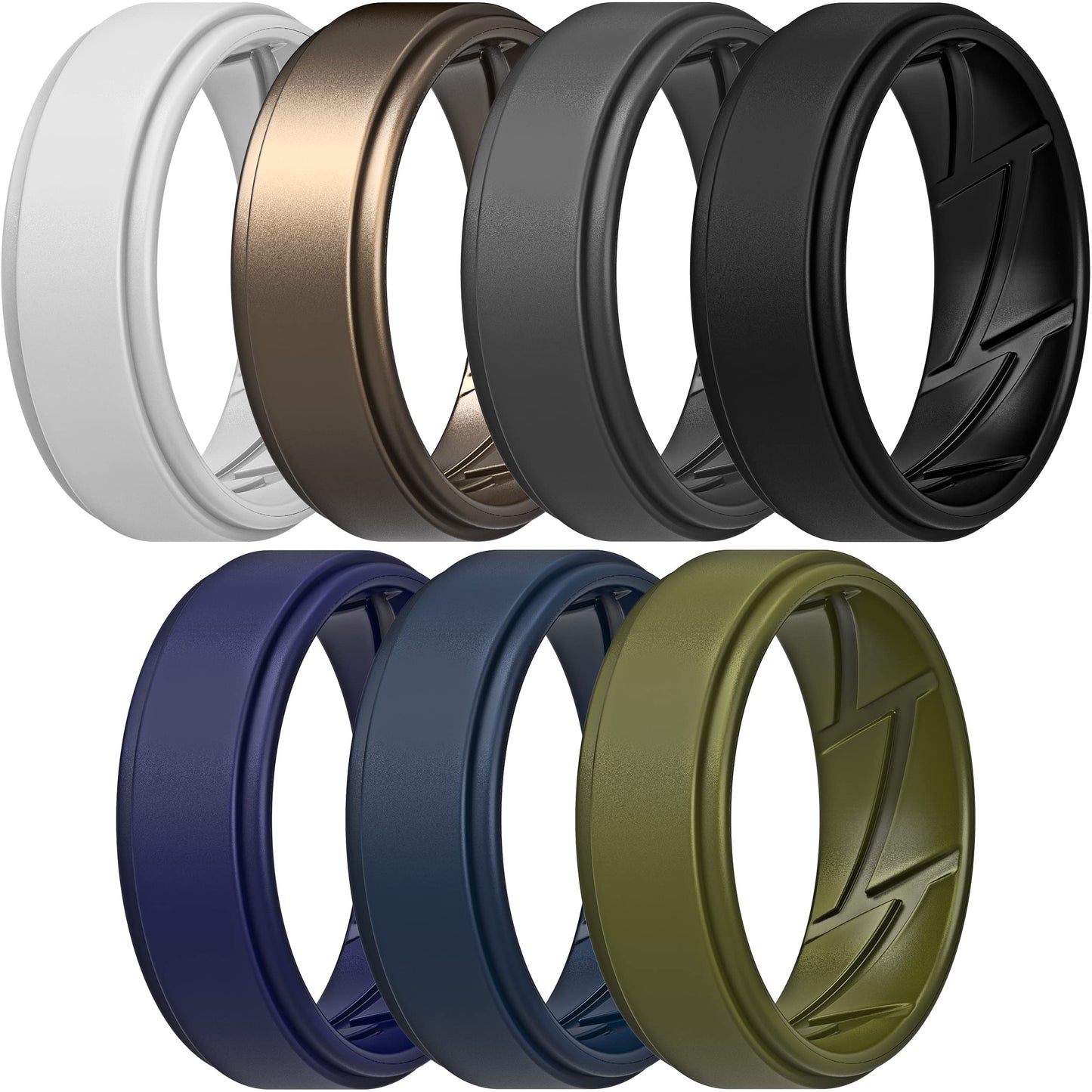 ThunderFit Silicone Wedding Rings for Men Breathable Airflow Inner Grooves, Step Edge Sleek Design Rubber Engagement Bands 8mm Wide 2mm Thick, Variety Multipack 1-7