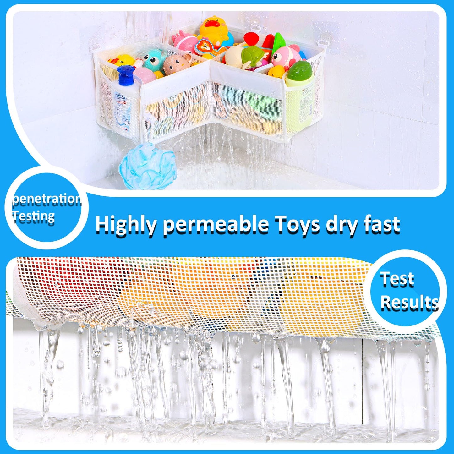 KPH Corner Bath Toy Organizer - Space-Saving 3-Compartment Bath Toy Storage, Mesh Bathroom Toy Holder for Kids, Durable Bathtub Organizer with Drain Holes