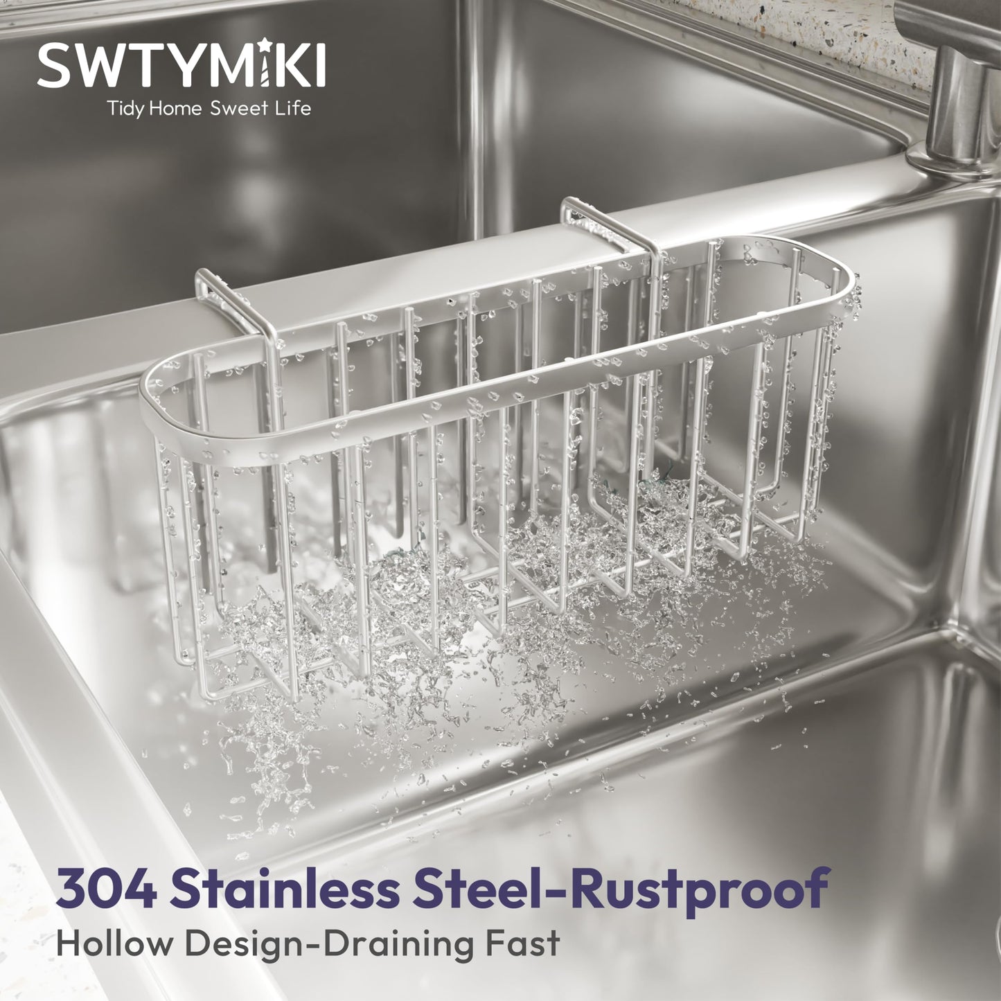 SWTYMIKI Sponge Holder for Kitchen Sink, Movable Kitchen Sink Caddy with Compact Size Rustproof and Waterproof Hanging Sponge Caddy for Double Bowl Sinks, Silver