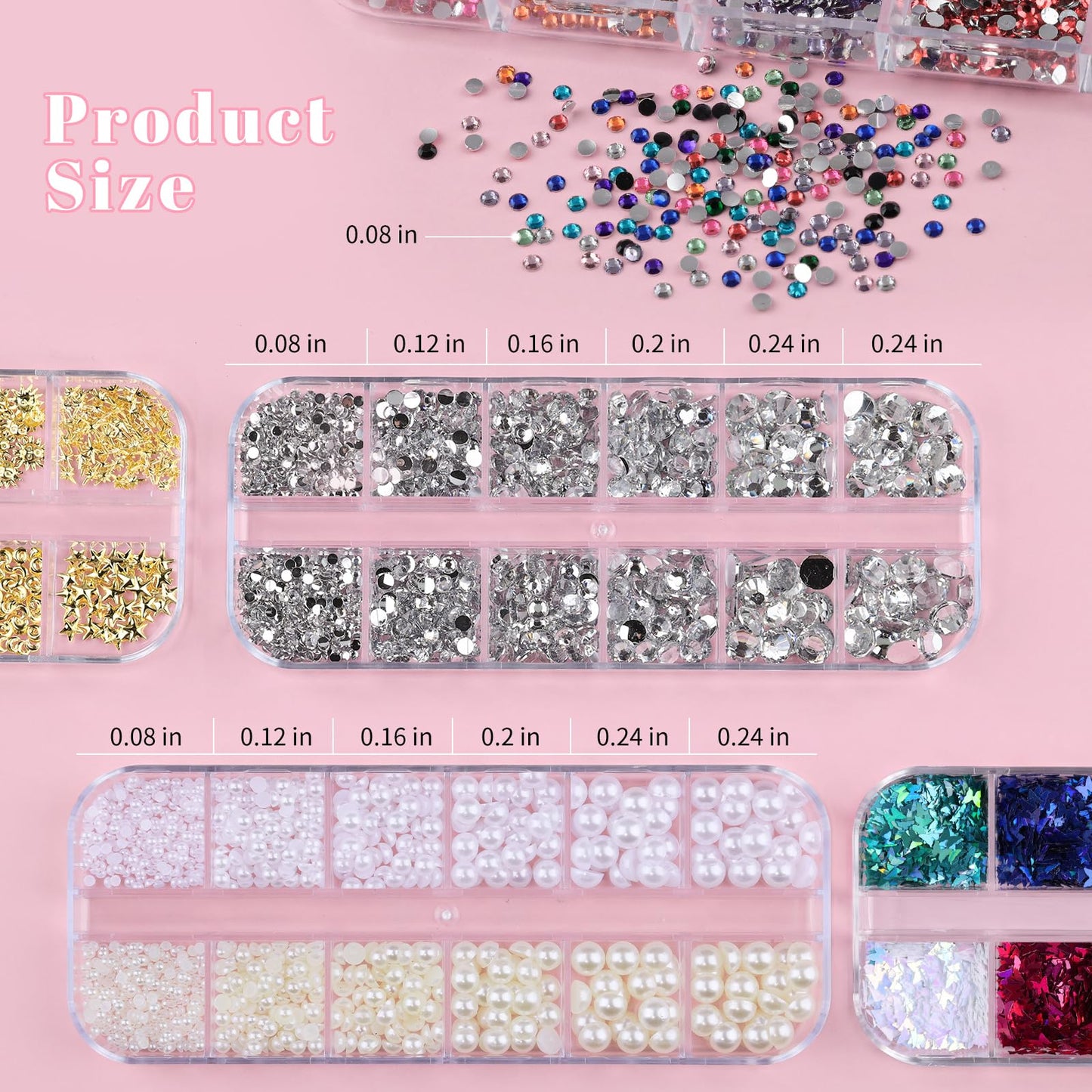 Kikonoke 10 Boxes Nail Art Kit - 12 Colors Pointed/Flatback Rhinestones, 3D Gold/Silver/Rose Nail Studs, White Beige Half Pearls, Holographic Glitter & Foils + 3 Tools for DIY Nail Art Jewels & Crafts
