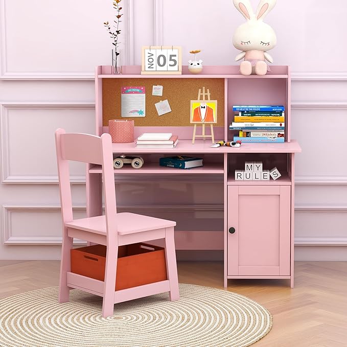 TaoHFE Pink Toddler Table and Chair Set,Wooden Kids Table and Chairs for Studying and Crafting, Kids Desk with Storage Kid Bedroom Furniture, Girl Table for Girls Pink