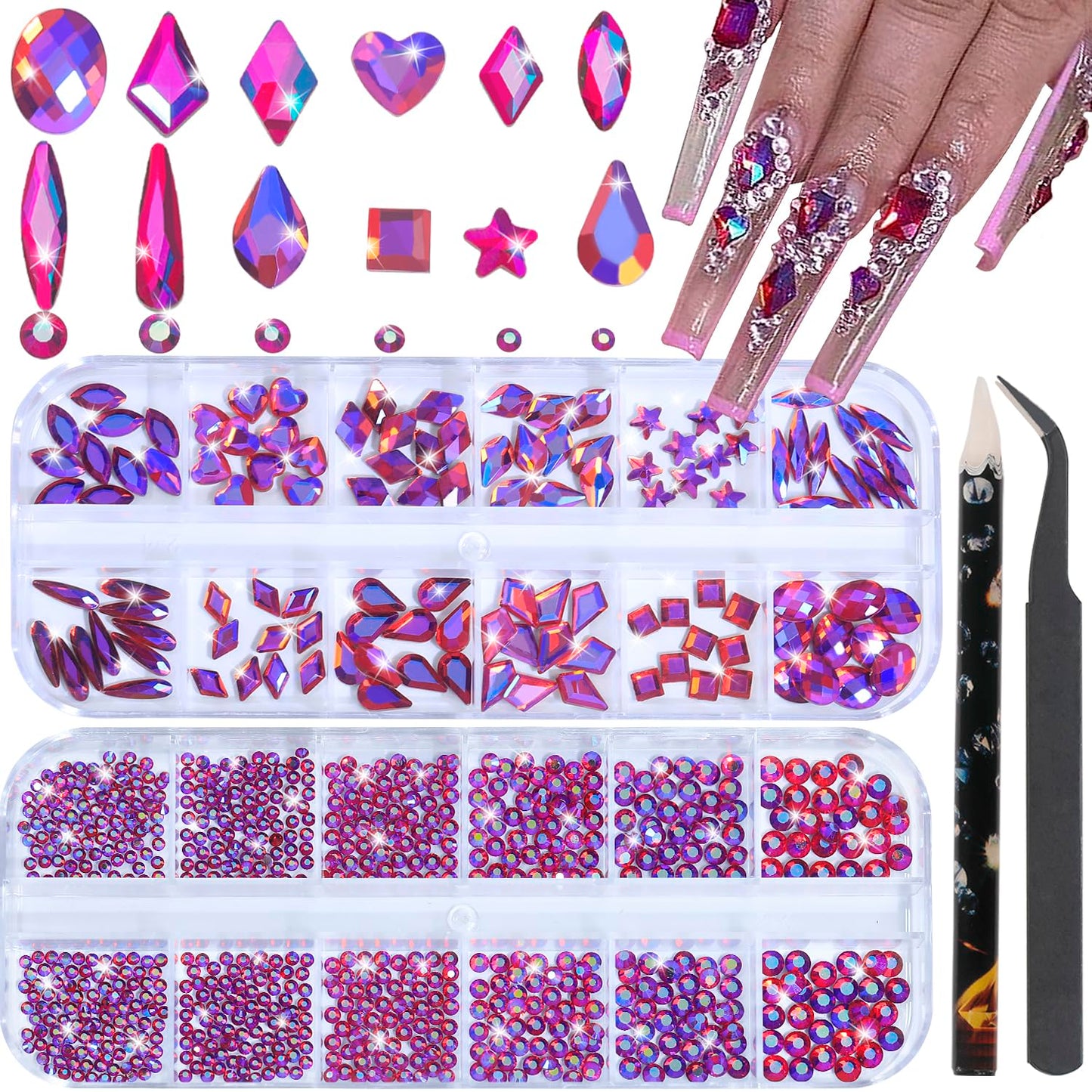 HNUIX Nail Rhinestones - 3D Multi Shape Size, Crystal AB Red Nail Gems, Flat Back, with Kit, for Nail Art, DIY Decorations
