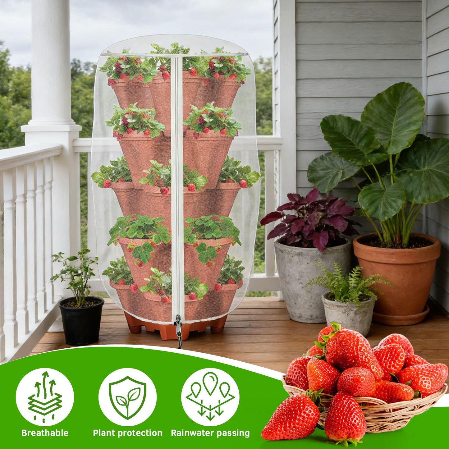 2 Pack Garden Vertical Planter Pot Insect Bird Netting,39.4" x 20" Stackable 5 Tier Strawberry Planter Pot Garden Mesh Plant Cover with Zipper for Outdoor Strawberry Herb Flower Protection