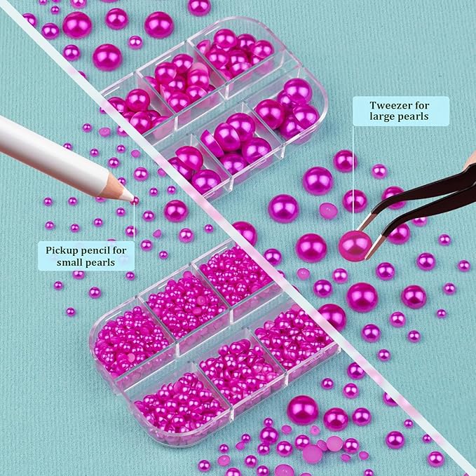 4 Boxes Flat Back Pearls Kit 11 Flatback Rose Red Half Round Pearls 3-10mm with Pickup Pencil and Tweezer for Home DIY and Professional Nail Art, Face Makeup and Craft