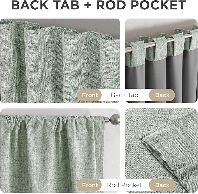 Joydeco Blackout Curtains for Bedroom - 100% Light Blocking 2 Panels Sage Green Drapes 37"W x 108"L, Thermal Insulated Room Darkening Curtains, Linen Textured for Living Room, Rod Pocket & Back Tabs